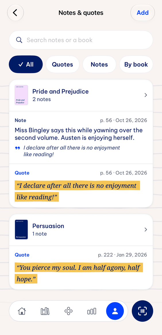 The Pemberley Notes & quotes screen
